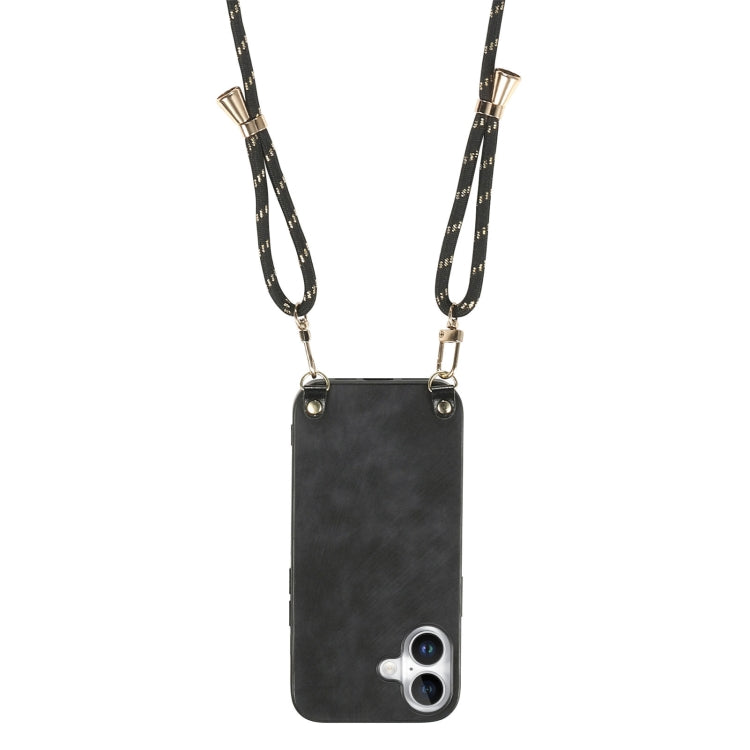 For iPhone 16 Plus Vintage Leather PC Back Cover Phone Case with Crossbody Strap