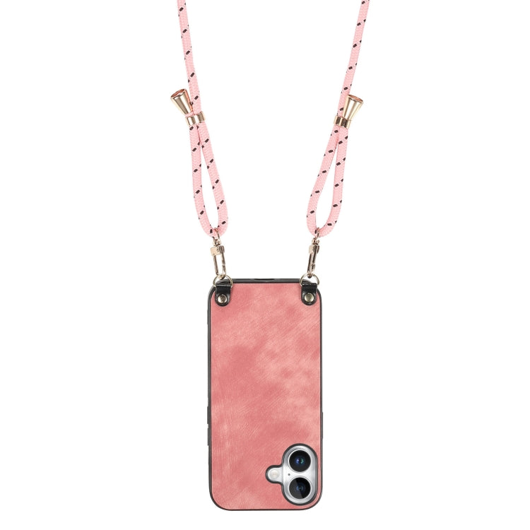 For iPhone 16 Plus Vintage Leather PC Back Cover Phone Case with Crossbody Strap