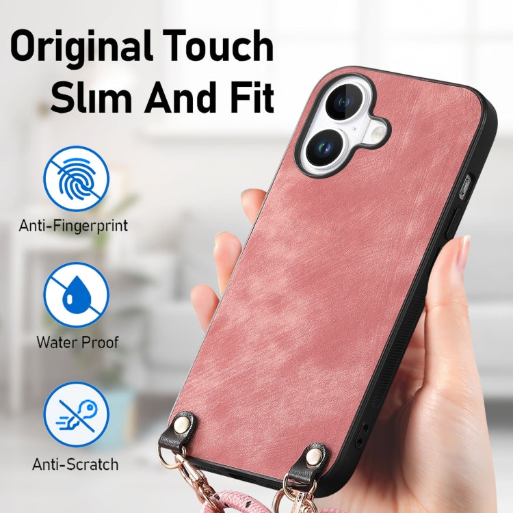 For iPhone 16 Plus Vintage Leather PC Back Cover Phone Case with Crossbody Strap