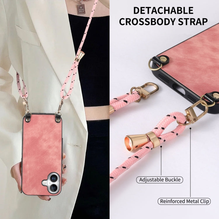 For iPhone 16 Plus Vintage Leather PC Back Cover Phone Case with Crossbody Strap