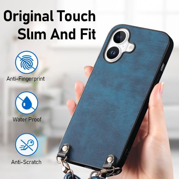 For iPhone 16 Plus Vintage Leather PC Back Cover Phone Case with Crossbody Strap