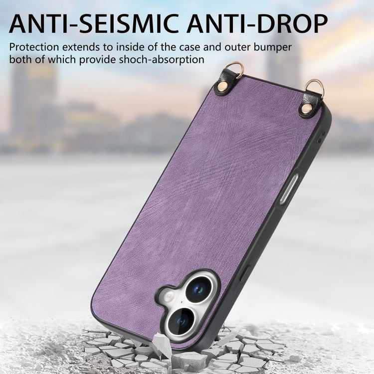 For iPhone 16 Plus Vintage Leather PC Back Cover Phone Case with Crossbody Strap