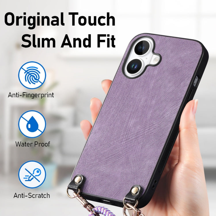 For iPhone 16 Plus Vintage Leather PC Back Cover Phone Case with Crossbody Strap