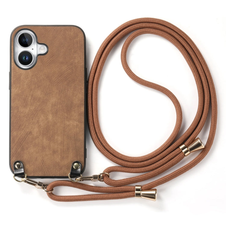 For iPhone 16 Plus Vintage Leather PC Back Cover Phone Case with Crossbody Strap