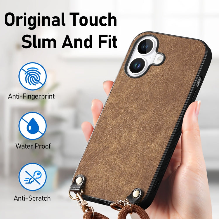 For iPhone 16 Plus Vintage Leather PC Back Cover Phone Case with Crossbody Strap
