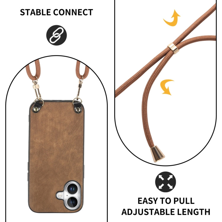 For iPhone 16 Plus Vintage Leather PC Back Cover Phone Case with Crossbody Strap
