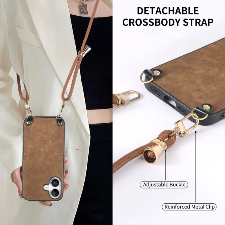 For iPhone 16 Plus Vintage Leather PC Back Cover Phone Case with Crossbody Strap