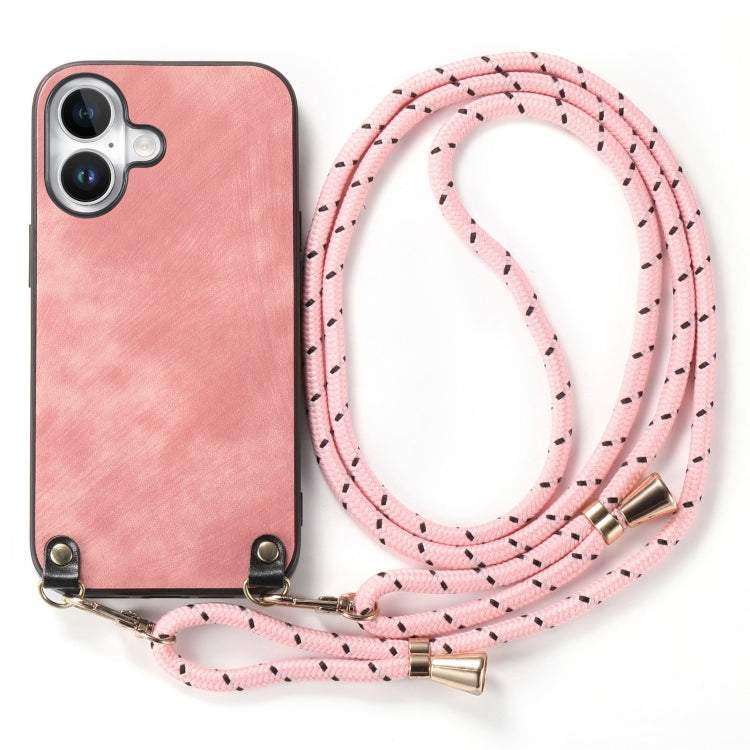 For iPhone 16 Vintage Leather PC Back Cover Phone Case with Crossbody Strap