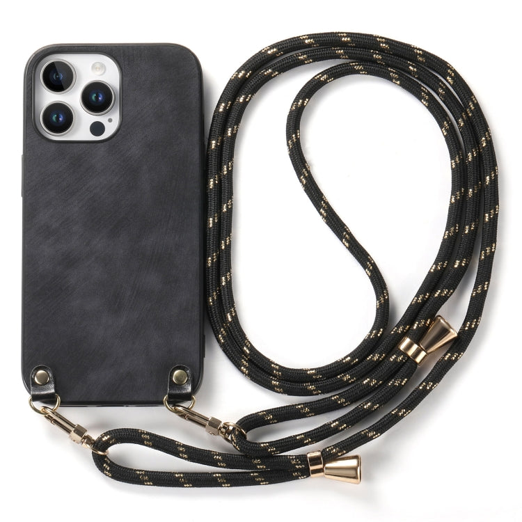 For iPhone 15 Pro Max Vintage Leather PC Back Cover Phone Case with Crossbody Strap