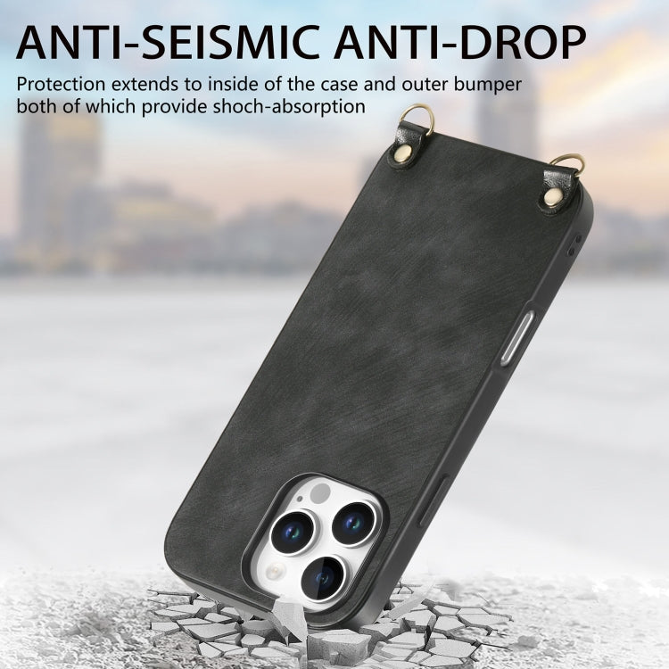 For iPhone 15 Pro Max Vintage Leather PC Back Cover Phone Case with Crossbody Strap