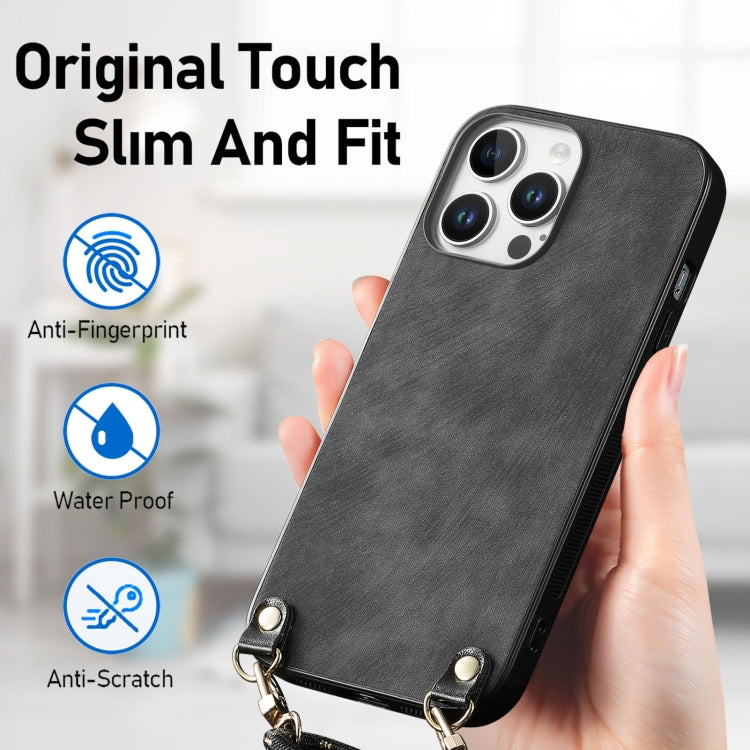 For iPhone 15 Pro Max Vintage Leather PC Back Cover Phone Case with Crossbody Strap