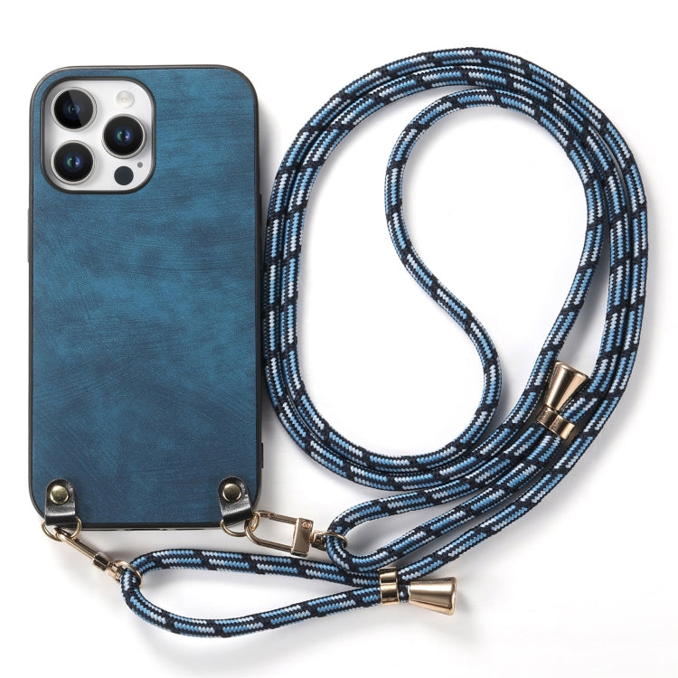 For iPhone 15 Pro Max Vintage Leather PC Back Cover Phone Case with Crossbody Strap