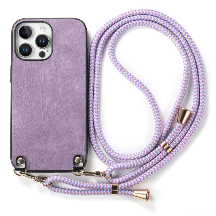 For iPhone 15 Pro Vintage Leather PC Back Cover Phone Case with Crossbody Strap