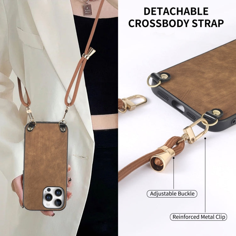 For iPhone 15 Pro Vintage Leather PC Back Cover Phone Case with Crossbody Strap