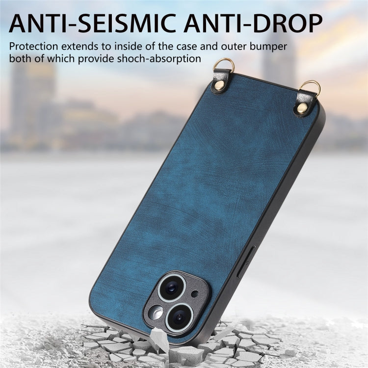 For iPhone 15 Plus Vintage Leather PC Back Cover Phone Case with Crossbody Strap