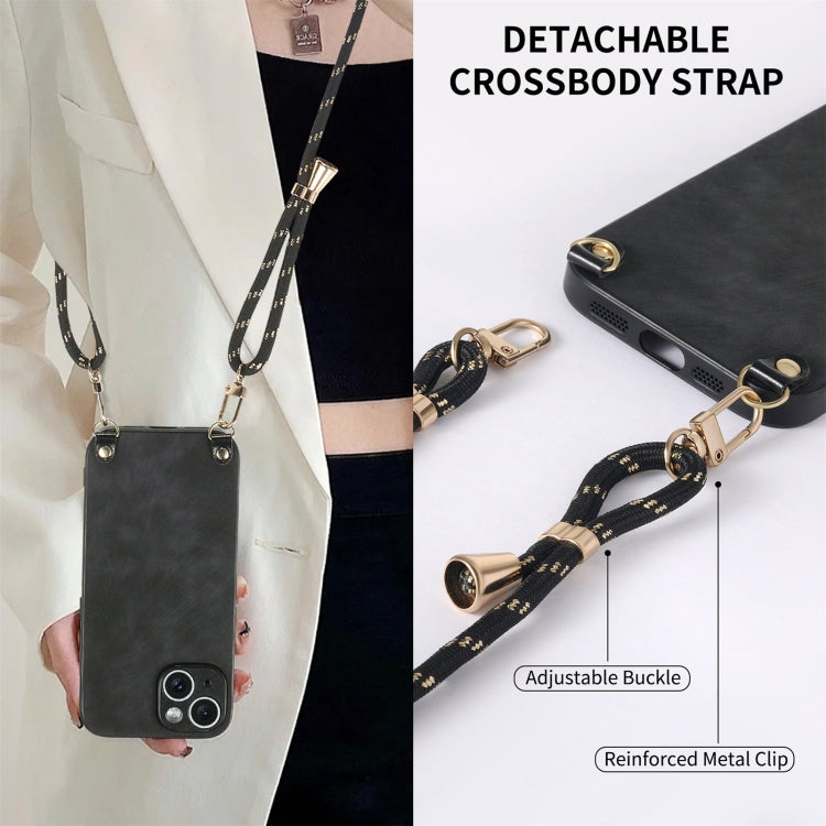 For iPhone 15 Vintage Leather PC Back Cover Phone Case with Crossbody Strap