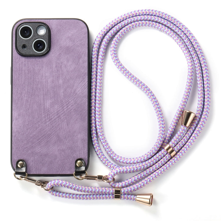 For iPhone 15 Vintage Leather PC Back Cover Phone Case with Crossbody Strap