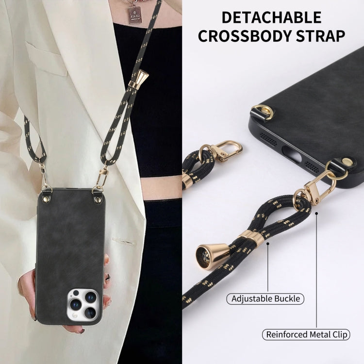 For iPhone 14 Pro Vintage Leather PC Back Cover Phone Case with Crossbody Strap