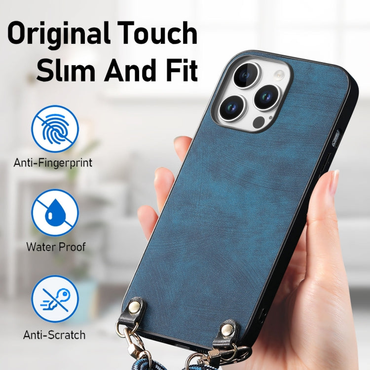For iPhone 14 Pro Max Vintage Leather PC Back Cover Phone Case with Crossbody Strap