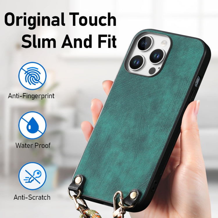 For iPhone 14 Pro Max Vintage Leather PC Back Cover Phone Case with Crossbody Strap