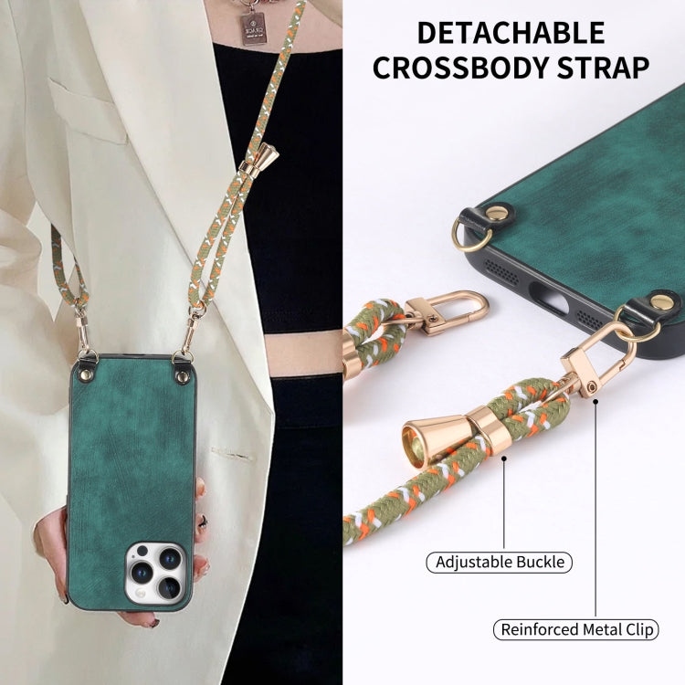 For iPhone 14 Pro Max Vintage Leather PC Back Cover Phone Case with Crossbody Strap