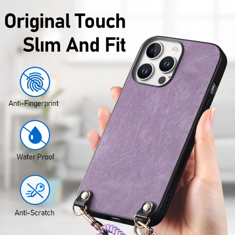 For iPhone 14 Pro Max Vintage Leather PC Back Cover Phone Case with Crossbody Strap