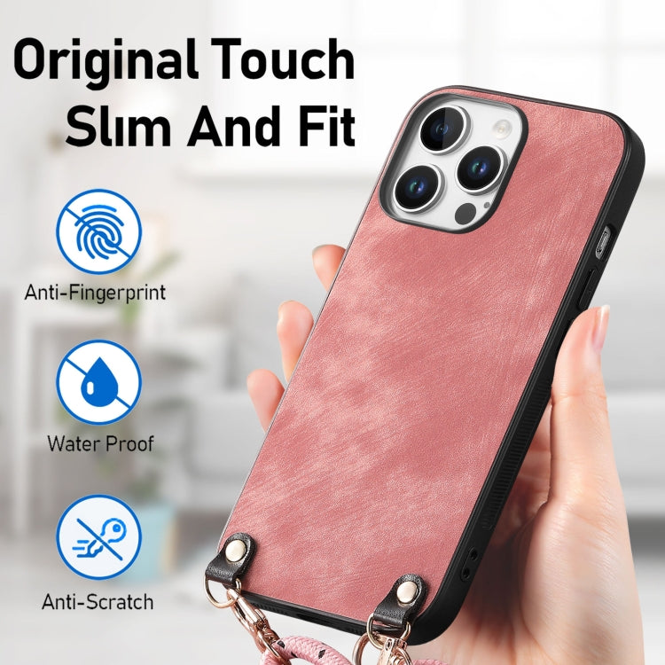 For iPhone 13 Pro Vintage Leather PC Back Cover Phone Case with Crossbody Strap