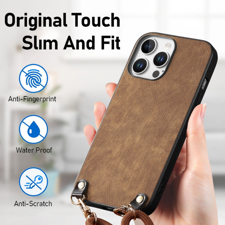 For iPhone 13 Pro Vintage Leather PC Back Cover Phone Case with Crossbody Strap