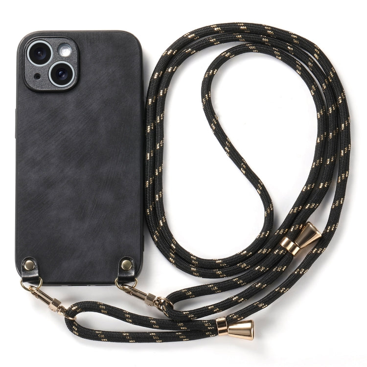 For iPhone 13 Vintage Leather PC Back Cover Phone Case with Crossbody Strap
