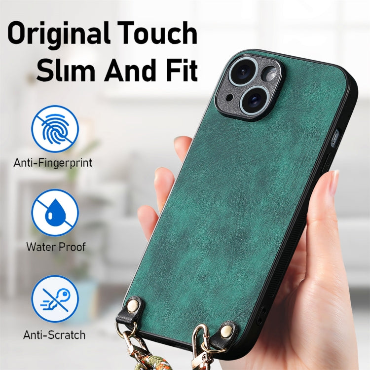 For iPhone 12 Vintage Leather PC Back Cover Phone Case with Crossbody Strap
