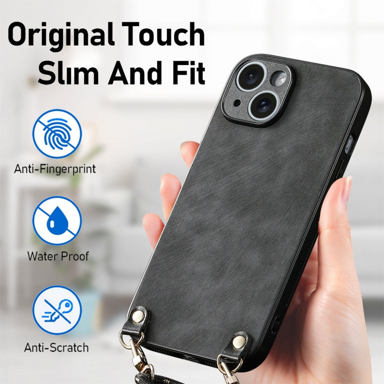 For iPhone 11 Pro Max Vintage Leather PC Back Cover Phone Case with Crossbody Strap