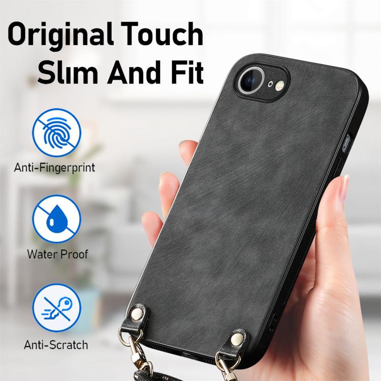 For  iPhone 17e / 16e Vintage Leather PC Back Cover Phone Case with Crossbody Strap