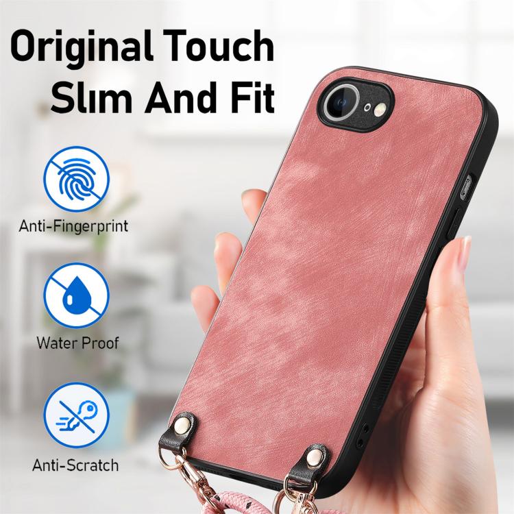 For  iPhone 17e / 16e Vintage Leather PC Back Cover Phone Case with Crossbody Strap