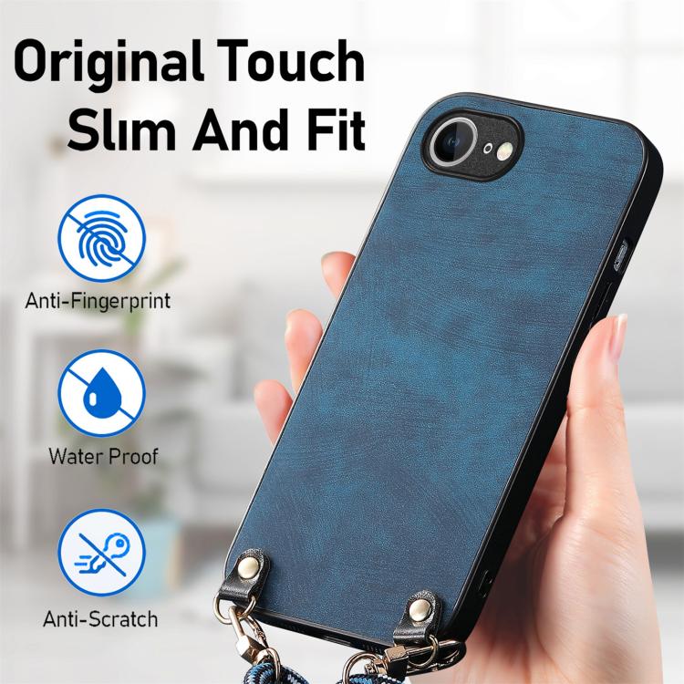 For  iPhone 17e / 16e Vintage Leather PC Back Cover Phone Case with Crossbody Strap