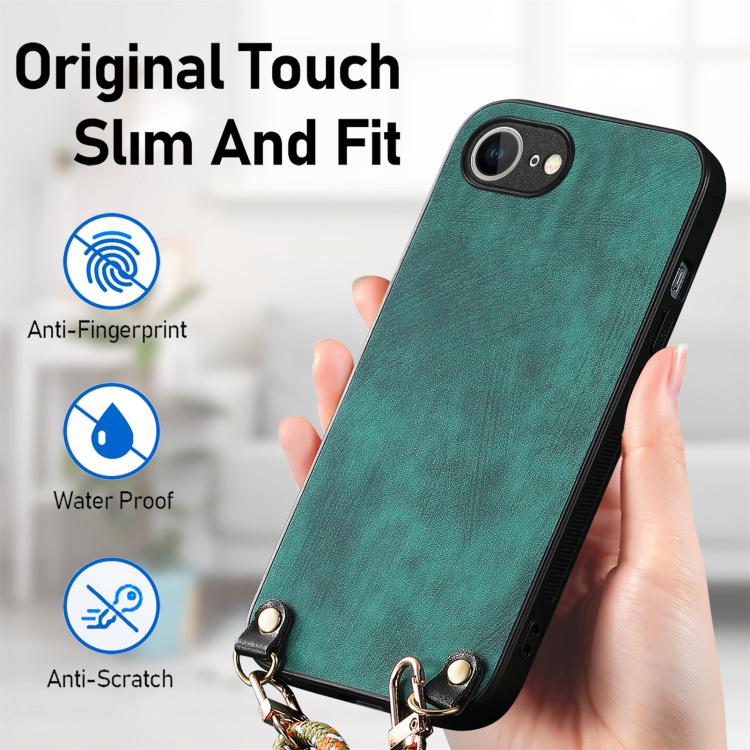 For  iPhone 17e / 16e Vintage Leather PC Back Cover Phone Case with Crossbody Strap