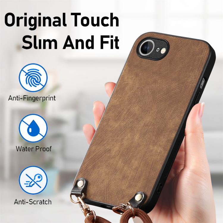 For  iPhone 17e / 16e Vintage Leather PC Back Cover Phone Case with Crossbody Strap