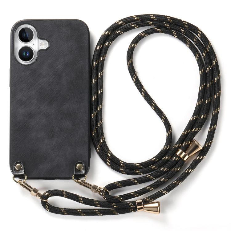 For iPhone 17 Vintage Leather PC Back Cover Phone Case with Crossbody Strap