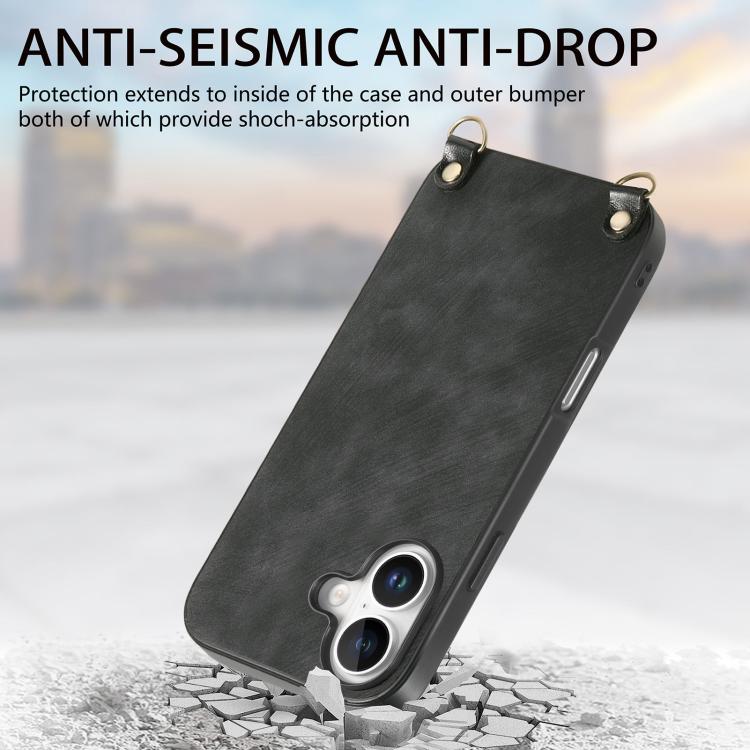 For iPhone 17 Vintage Leather PC Back Cover Phone Case with Crossbody Strap