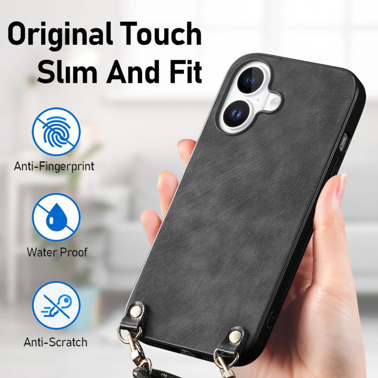 For iPhone 17 Vintage Leather PC Back Cover Phone Case with Crossbody Strap