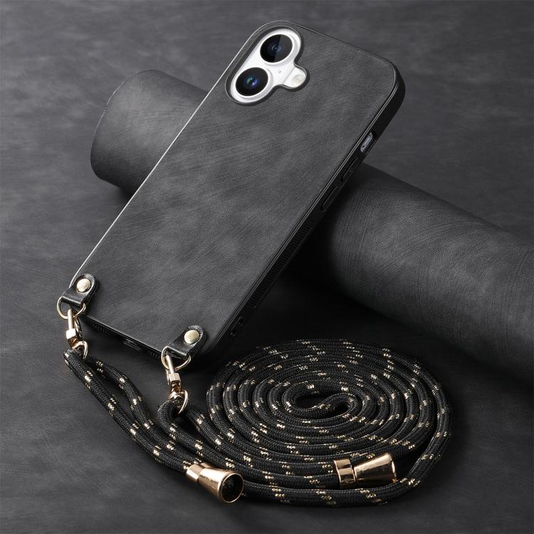 For iPhone 17 Vintage Leather PC Back Cover Phone Case with Crossbody Strap