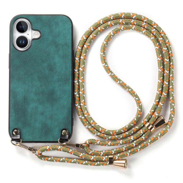 For iPhone 17 Vintage Leather PC Back Cover Phone Case with Crossbody Strap