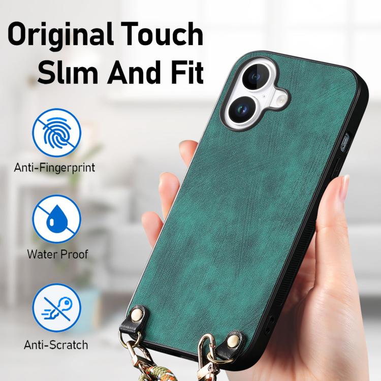 For iPhone 17 Vintage Leather PC Back Cover Phone Case with Crossbody Strap