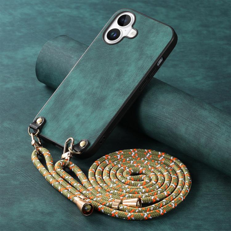 For iPhone 17 Vintage Leather PC Back Cover Phone Case with Crossbody Strap