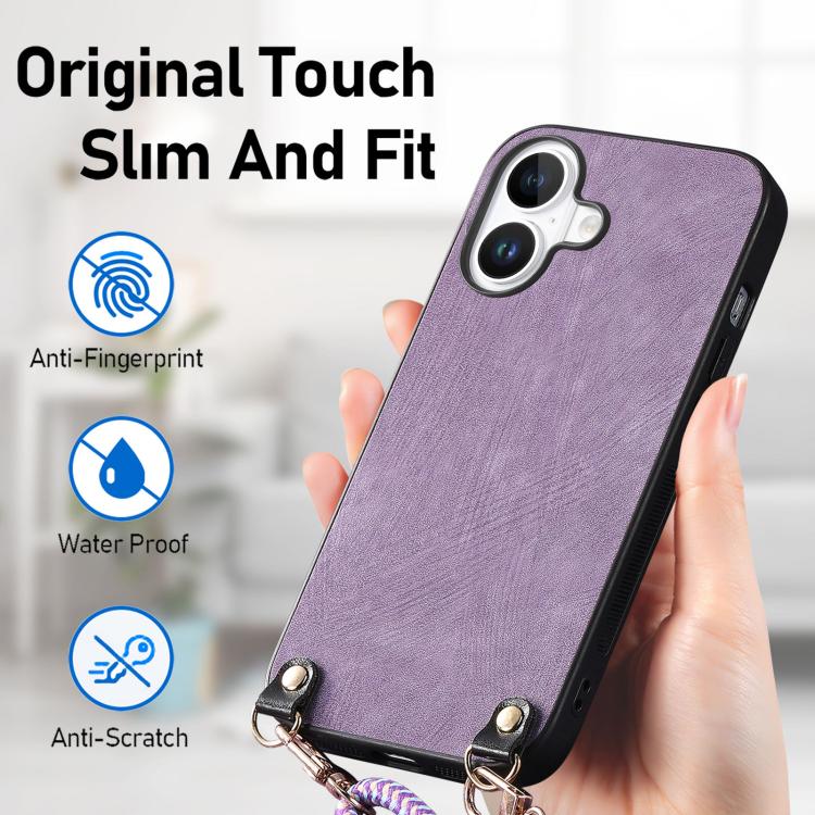 For iPhone 17 Vintage Leather PC Back Cover Phone Case with Crossbody Strap