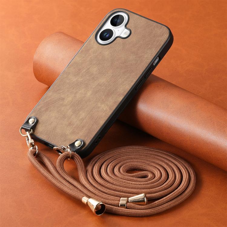 For iPhone 17 Vintage Leather PC Back Cover Phone Case with Crossbody Strap