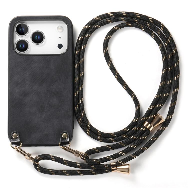 For iPhone 17 Pro Vintage Leather PC Back Cover Phone Case with Crossbody Strap