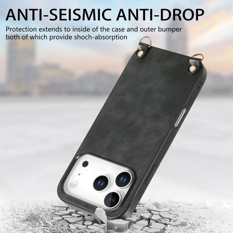 For iPhone 17 Pro Vintage Leather PC Back Cover Phone Case with Crossbody Strap