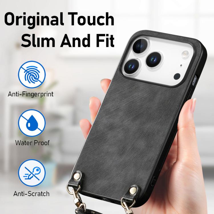 For iPhone 17 Pro Vintage Leather PC Back Cover Phone Case with Crossbody Strap