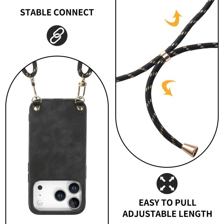 For iPhone 17 Pro Vintage Leather PC Back Cover Phone Case with Crossbody Strap