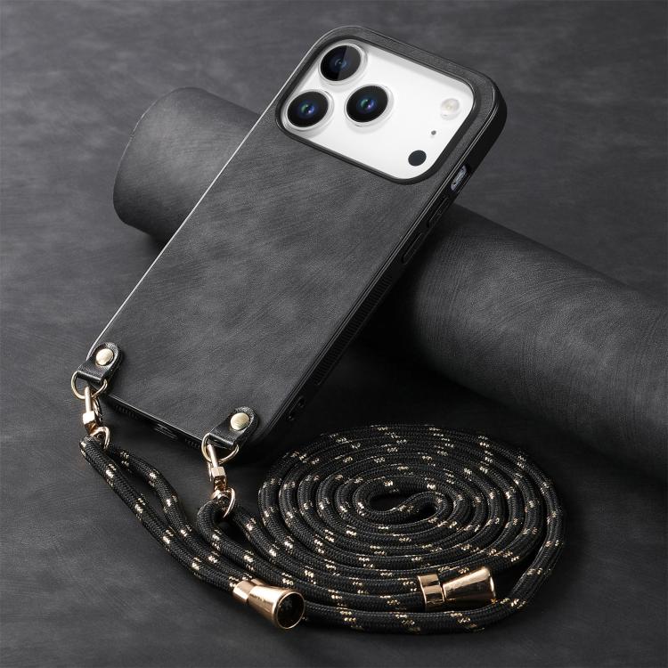 For iPhone 17 Pro Vintage Leather PC Back Cover Phone Case with Crossbody Strap